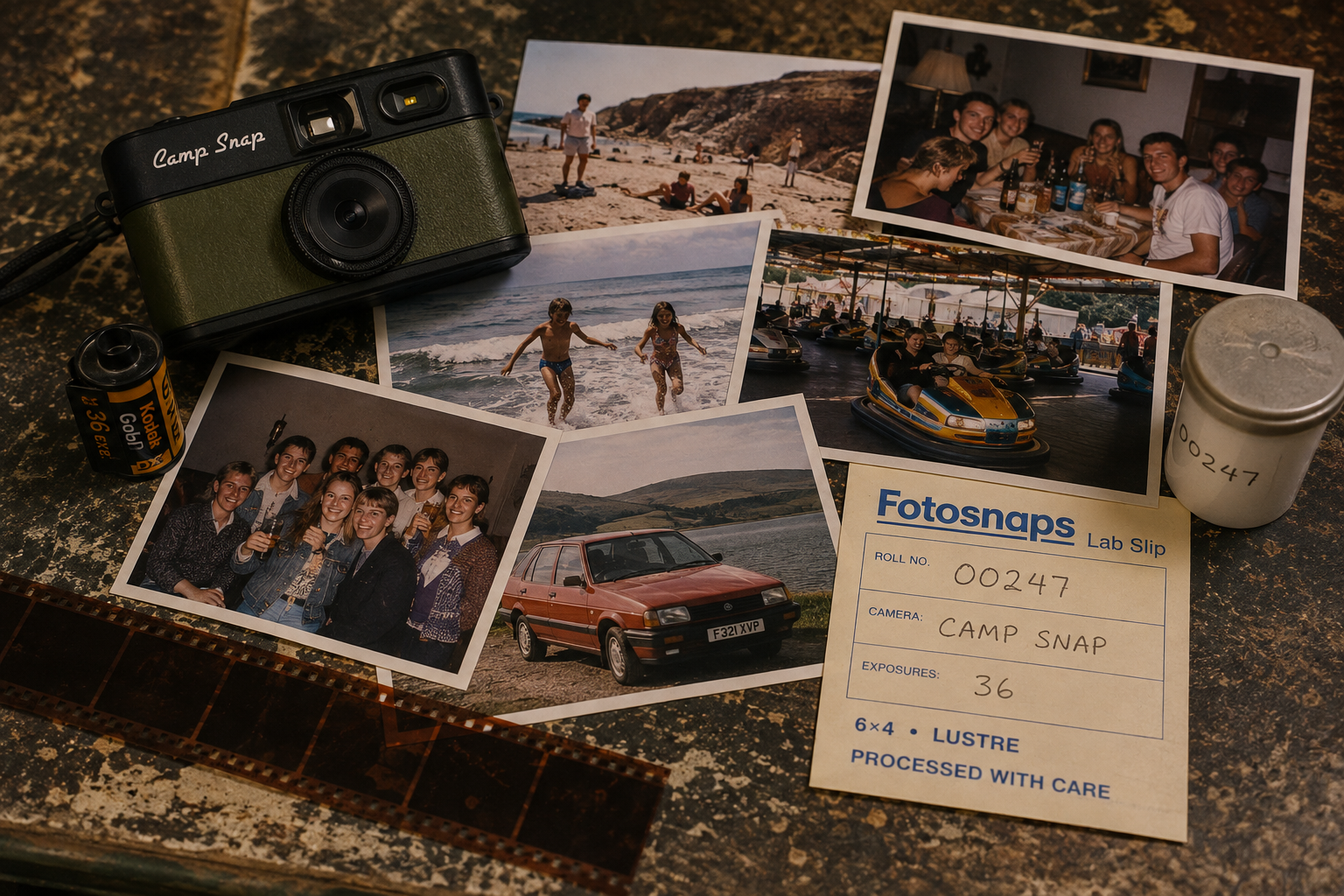 Printed 6x4 photographs emerging from a Fotosnaps photo processing envelope