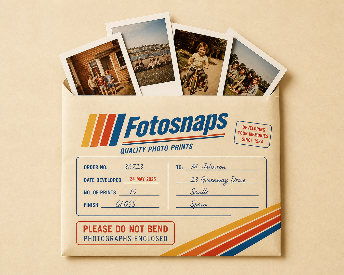 Printed 6x4 photographs emerging from a Fotosnaps photo processing envelope